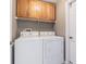 Functional laundry room equipped with a washer, dryer, and overhead storage cabinets at 965 Westwinds Blvd, Tarpon Springs, FL 34689