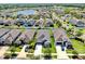 Aerial view of a suburban neighborhood with well-maintained homes, green lawns, and a serene pond nearby at 17740 Bright Wheat Dr, Lithia, FL 33547