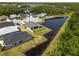 Bird's eye view of home next to long pond, in suburban neighborhood with pool and landscaping at 2106 Alimara Ct, Odessa, FL 33556