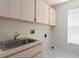 A functional laundry room features tiled floors, a utility sink, and ample upper cabinet storage at 717 Lighthouse Dr, Tarpon Springs, FL 34689