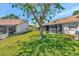 A peaceful backyard features mature trees, lush grass, and a screened-in patio at 8206 Leafy Ct, Port Richey, FL 34668