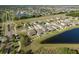 Aerial perspective of residences near a scenic pond, highlighting community's layout, natural elements, and residential charm at 11407 Acacia Grove Ln, Riverview, FL 33579