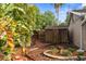Wooden shed nestled within a private backyard featuring mature trees, a winding brick path, and manicured landscaping at 1686 Spottswood Cir, Palm Harbor, FL 34683