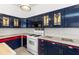 Updated kitchen featuring custom blue cabinets, white appliances, and tile countertops and backsplash at 28451 Great Bend Pl, Wesley Chapel, FL 33543