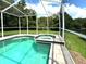 Relaxing screened-in pool and spa with clear blue water, set against a backdrop of mature trees at 28451 Great Bend Pl, Wesley Chapel, FL 33543