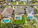 Aerial view of a lovely home with a pool, lush lawn, and backyard patio at 314 Crosswinds Dr, Palm Harbor, FL 34683