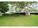 View of home exterior featuring a large tree that offers ample shade, complemented by green landscaping at 34527 Cedarfield Dr, Dade City, FL 33523