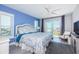 Cozy bedroom featuring a queen bed, ceiling fan, balcony access with scenic views, and coastal decor at 4900 Brittany S Dr # 502, St Petersburg, FL 33715