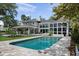 A backyard featuring a modern home, in-ground pool and patio for entertaining and relaxing outdoors at 5018 S The Riviera St, Tampa, FL 33609