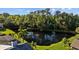 Secluded backyard view featuring large pond surrounded by mature trees and a lush green lawn at 3579 Landmark Trl, Palm Harbor, FL 34684