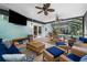 Screened patio with wicker furniture, ceiling fans and views of the pool and lush landscaping at 4912 W Bay Way Dr, Tampa, FL 33629