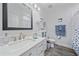 Bright bathroom features modern vanity, stylish mirror, and wood-look tile flooring at 7338 Milestone Dr, Apollo Beach, FL 33572