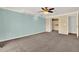 Bright bedroom with neutral walls, plush carpeting, and a walk-in closet at 9603 Sunnyoak Dr, Riverview, FL 33569