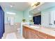 Bathroom featuring a granite countertop, a vanity, and a shower with a blue curtain at 1324 Eckles Dr, Tampa, FL 33612