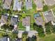 Aerial view showcases the neighborhood, featuring fenced yards, swimming pools, and mature trees at 2816 Pankaw Ln, Valrico, FL 33596