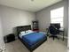Bedroom featuring a modern bed frame, desk, black shelves and gray walls at 33034 Sand Creek Dr, Wesley Chapel, FL 33543