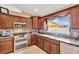 Kitchen features a double oven, granite countertops, and custom wood cabinets with a garden view at 3913 Little Egret Ct, Lutz, FL 33558