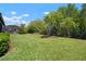 Lush backyard featuring manicured lawn, palm trees, black fence, and mature landscaping for privacy and beauty at 6307 Salt Creek Ave, Apollo Beach, FL 33572