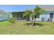 Landscaped backyard features a screened lanai, lush grass and palm trees at 7413 Surrey Wood Ln, Apollo Beach, FL 33572