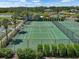 A lovely high angle view of the fenced community tennis court shaded by palm trees at 7413 Surrey Wood Ln, Apollo Beach, FL 33572