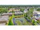Aerial view of townhouse community with a scenic pond covered in lily pads in a lush, green environment at 8013 Savannah Sunset Ln, Tampa, FL 33615