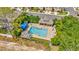 Aerial view of the community pool and lounge area surrounded by lush greenery and palm trees at 8013 Savannah Sunset Ln, Tampa, FL 33615