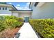 Landscaped walkway to front door with modern design and trimmed hedges on either side of the walkway at 915 Bayshore Dr, Tarpon Springs, FL 34689