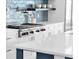 Detailed shot of kitchen's stainless steel stove, with custom shelving, and blue tile backsplash at 915 Bayshore Dr, Tarpon Springs, FL 34689