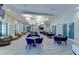 Stylish dining area with blue chairs, elegant lighting, and a cozy atmosphere at 10555 Penny Gale Loop, San Antonio, FL 33576