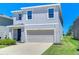 Two-story home featuring a two-car garage, well-manicured lawn, and a stucco exterior, under a bright blue sky at 10555 Penny Gale Loop, San Antonio, FL 33576
