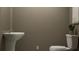 Modern half bathroom featuring a stylish vessel sink, toilet, mirror, and a decorative plant adding a touch of freshness at 17611 Happytrails St, Land O Lakes, FL 34638