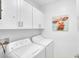 Bright laundry room with white cabinets and appliances and a quirky art piece at 36454 Flats St, Zephyrhills, FL 33541