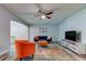 Cozy living room with modern furnishings, ceiling fan and colorful area rug at 9814 Ashburn Lake Dr, Tampa, FL 33610