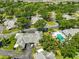 Beautiful aerial view showcasing the community, mature trees, pool and lush landscaping at 1211 Golfview Woods Dr, Sun City Center, FL 33573