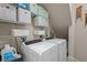 Laundry room features new appliances, shelving units for storage and detergent at 14493 Promenade Pkwy, Odessa, FL 33556