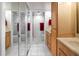 Bright bathroom featuring wood cabinets, granite countertops and walk-in closet with mirrored doors at 2413 Bayshore Blvd # 801, Tampa, FL 33629