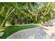 Landscaped backyard featuring a lush lawn, tropical plants, and lounge chairs, offering a serene outdoor retreat at 322 Ontario Ave, Crystal Beach, FL 34681