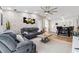 Open-concept living space with stone accent wall, comfortable seating, and adjacent dining area at 506 Spring Tree Ct, Tarpon Springs, FL 34689