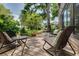 Comfortable seating on a wooden deck with a view of a lush green yard and mature trees at 60 Woodridge Cir, Oldsmar, FL 34677