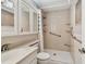 Bright bathroom featuring a walk-in shower, grab bars, built-in shelving, and a white vanity at 10036 40Th N St # 3, Pinellas Park, FL 33782