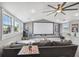 Bright home theater setup with a large screen, telescope, and comfortable gray seating at 2704 W Main St, Tampa, FL 33607