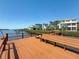 Long wooden dock with bench seating, waterfront views, and lush vegetation at 404 Hillsborough St, Palm Harbor, FL 34683