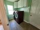 Convenient laundry room includes washer and dryer, storage cabinets, and a window for natural light at 13400 Old Florida Cir, Hudson, FL 34669