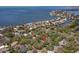 High angle aerial view of the property, concealed by lush trees, with the bay in the distance at 187 Sage Cir, Crystal Beach, FL 34681