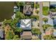 Aerial view of a waterfront home featuring a backyard pool, private dock, and solar panels at 294 Kentucky Ave, Crystal Beach, FL 34681