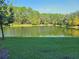 Tranquil lake view showcasing lush green lawn, a variety of trees, and a clear blue sky backdrop at 5509 Cumberland Star Ct, Lutz, FL 33558