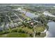 Community aerial view displays homes near lakeside with park area, playground, walking paths and lush landscape at 6337 Shore Vista Pl, Apollo Beach, FL 33572