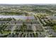 Aerial view of homes showcases community near lake, green spaces, landscaping and street parking at 6337 Shore Vista Pl, Apollo Beach, FL 33572
