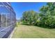 View of backyard and lush trees beyond the enclosed patio and exterior of home at 9211 Everwood Ct, Tampa, FL 33647