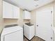 Neat laundry room with white cabinets and modern washer and dryer units at 2452 Big Pine Dr, Holiday, FL 34691